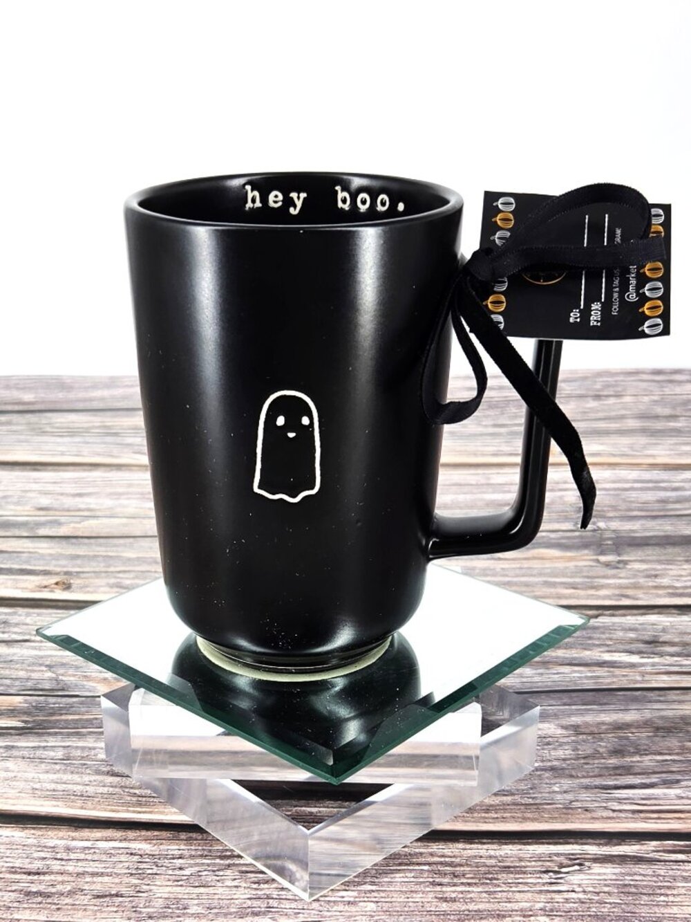 NWT MARKET FINDS Black Ceramic "Hey Boo" Cute Ghost Halloween Coffee/Tea Mug 5"T